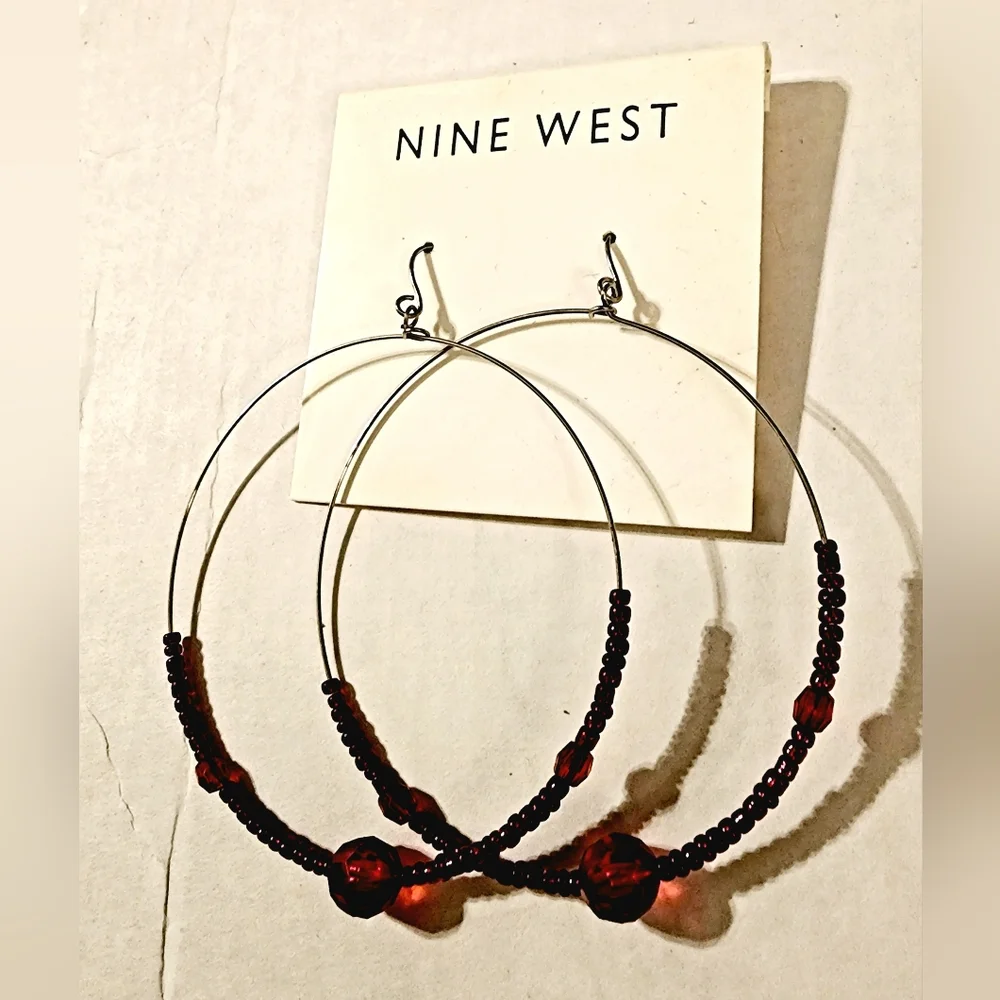 Nwt Nine West dark bohemian carnelian red beaded hoop dangle earrings